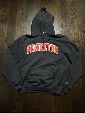 Champion Black Hoodie with Orange Princeton Lettering
